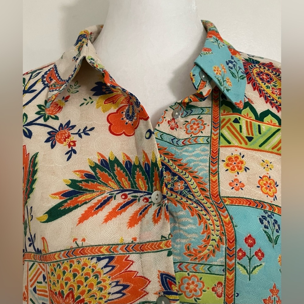 Rose + Olive Button Large Patchwork Paisley Blous… - image 4